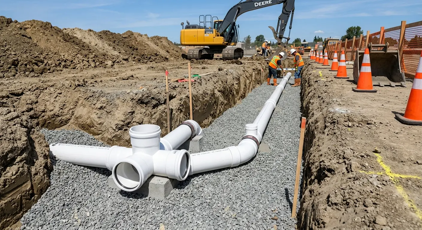 New PVC sewer pipe installation in open trench for Sewer Backup in Tarpon Springs