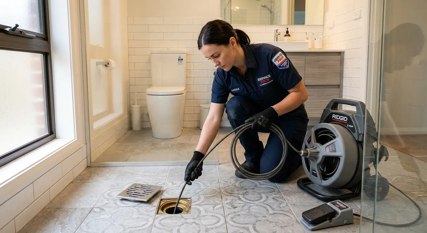 Technician clearing a bathroom floor drain for Drain Cleaning in Tarpon Springs